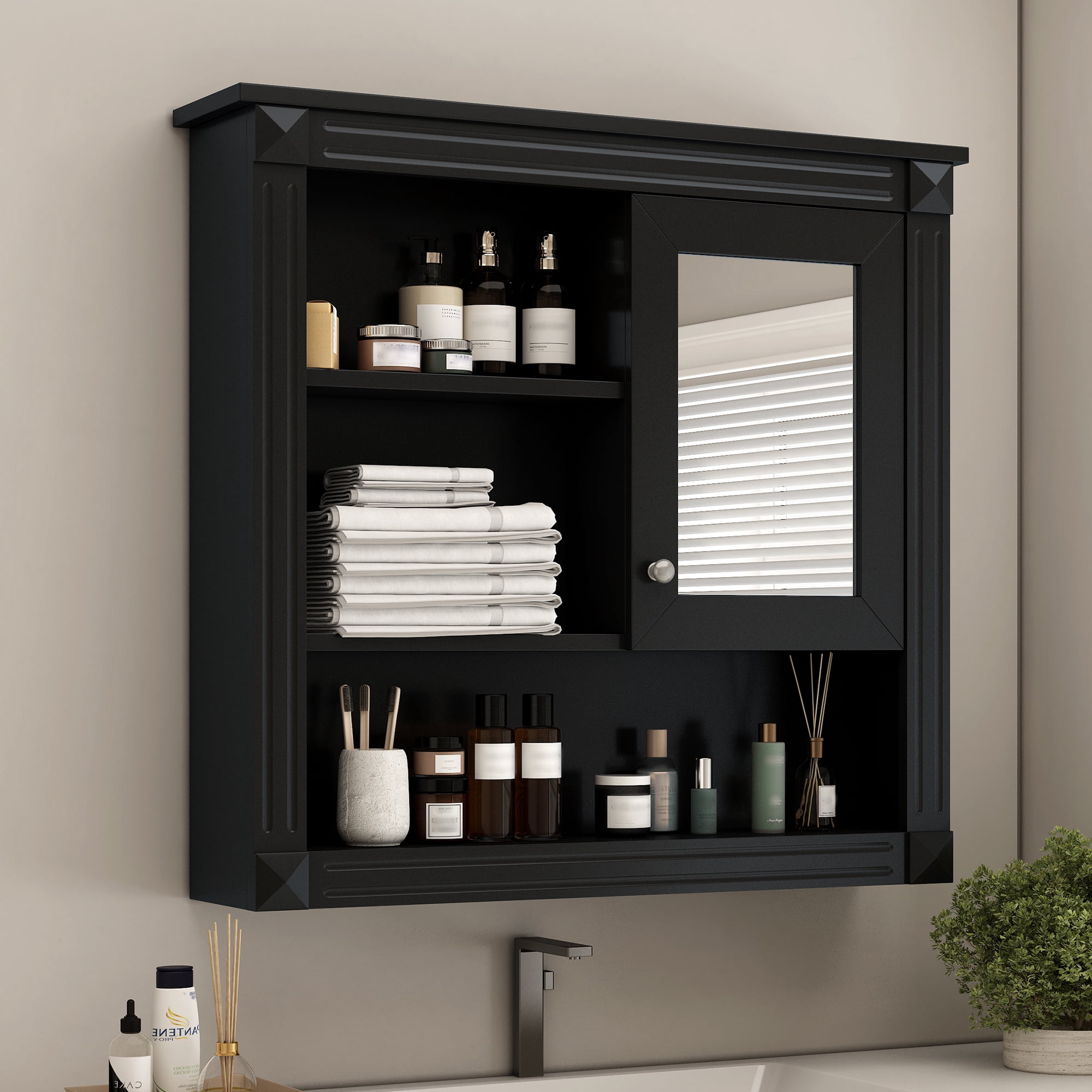 Euroco Wall Mounted Medicine Cabinet, Mirrored, MDF, Glass, 36'' x 17'' x 8'', Black