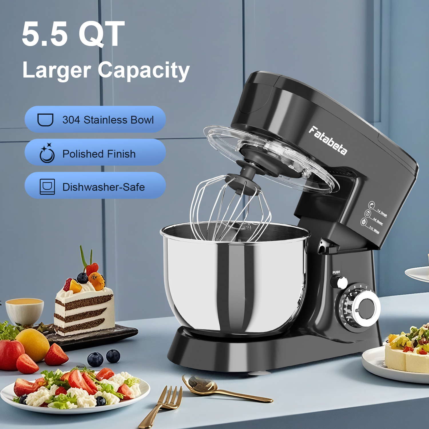 Fatabeta 1000W Stand Mixer, 5.5QT Kitchen Mixer with Dough Hook, Whisk and Beater, Electric Mixer with Bowl & 11 Speeds - Cake Mixer for Baking, Bread & More, Black