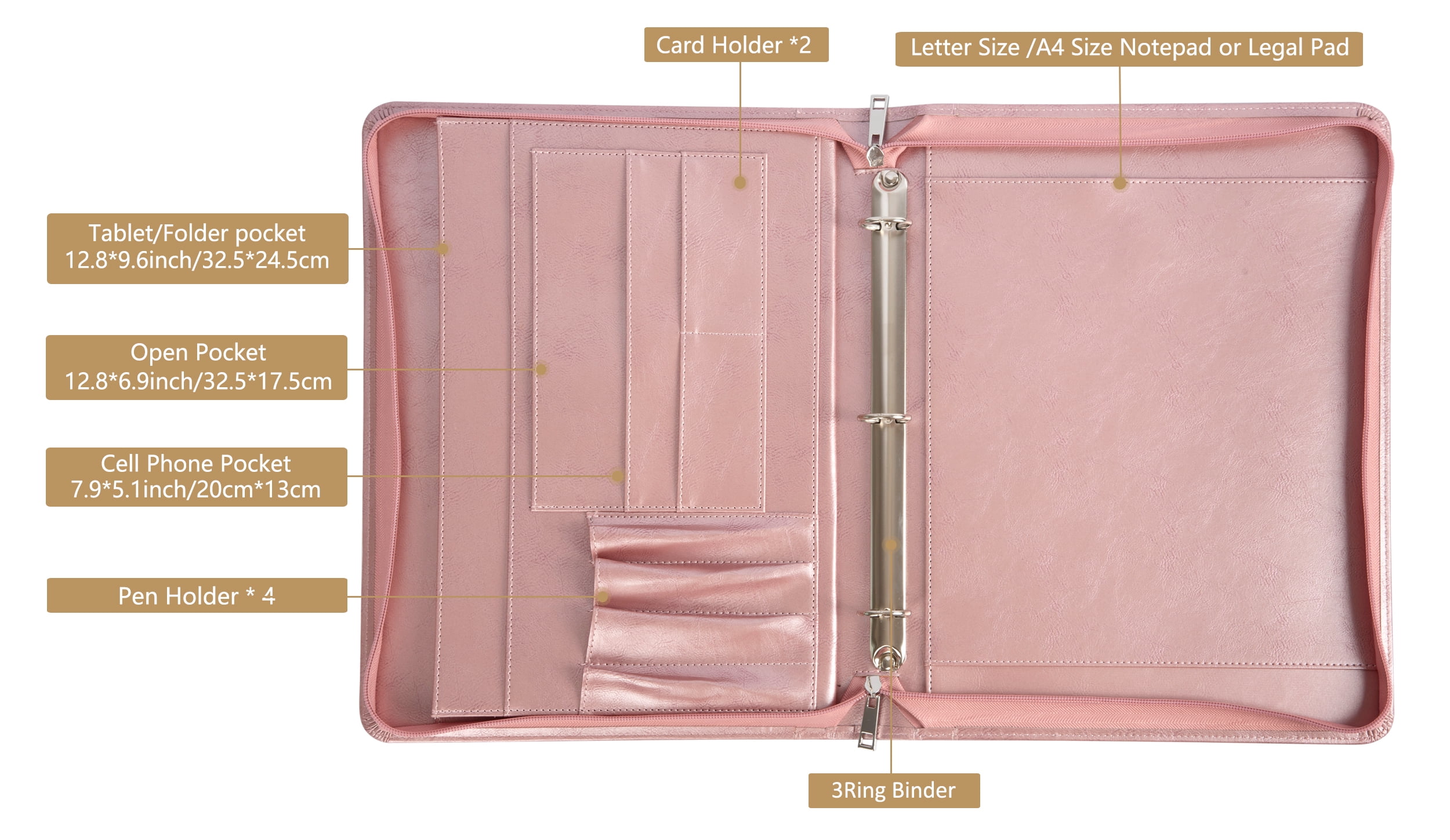LeatherBelief Portfolio 3 Rings Binder 1 inch, PU Leather Padfolio with Zipper, Business Organizers with A4 Legal Pads, Gift for Her, Rosegold