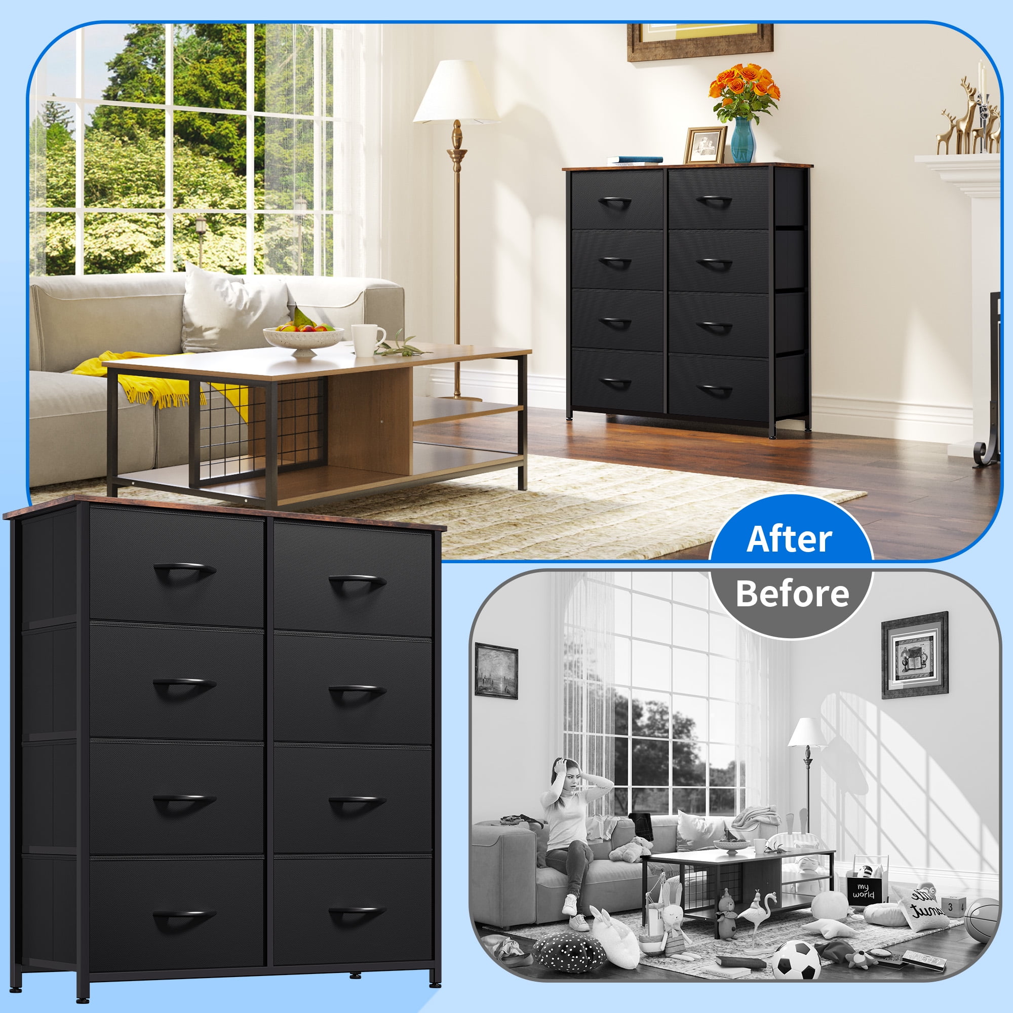 DEXTRUS 8-Drawer Fabric Storage Tower, Chest for Adults, Black/Rustic Brown, Easy Assembly