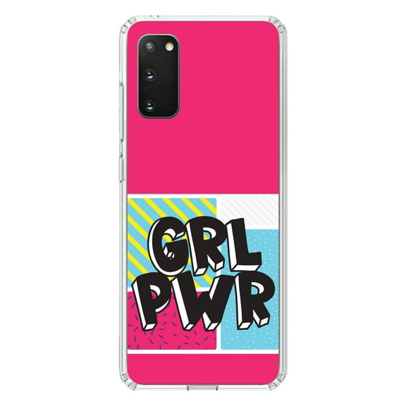DistinctInk Clear Shockproof Hybrid Case for Galaxy S20 / S20 5G (6.2" Screen) - TPU Bumper, Acrylic Back, Tempered Glass Screen Protector - Girl Power - GRL PWR - Pink Background