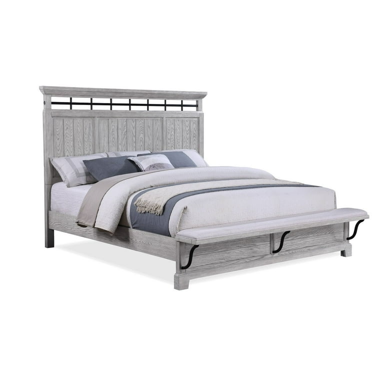 Unique 4pc Light Gray Finish King Size Panel Built-in Bench Bed