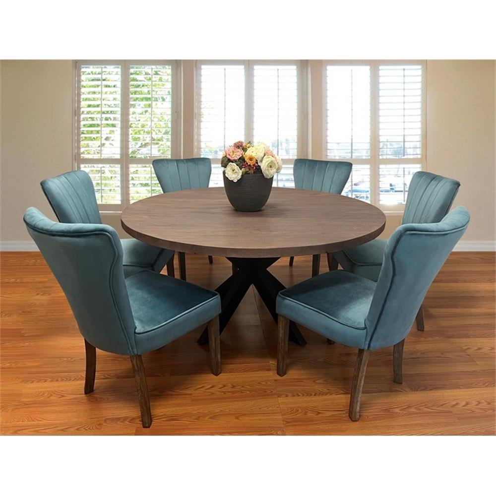 Home Square Dining Table Set with Solid Wood Round Table and 6 Chairs in Teal