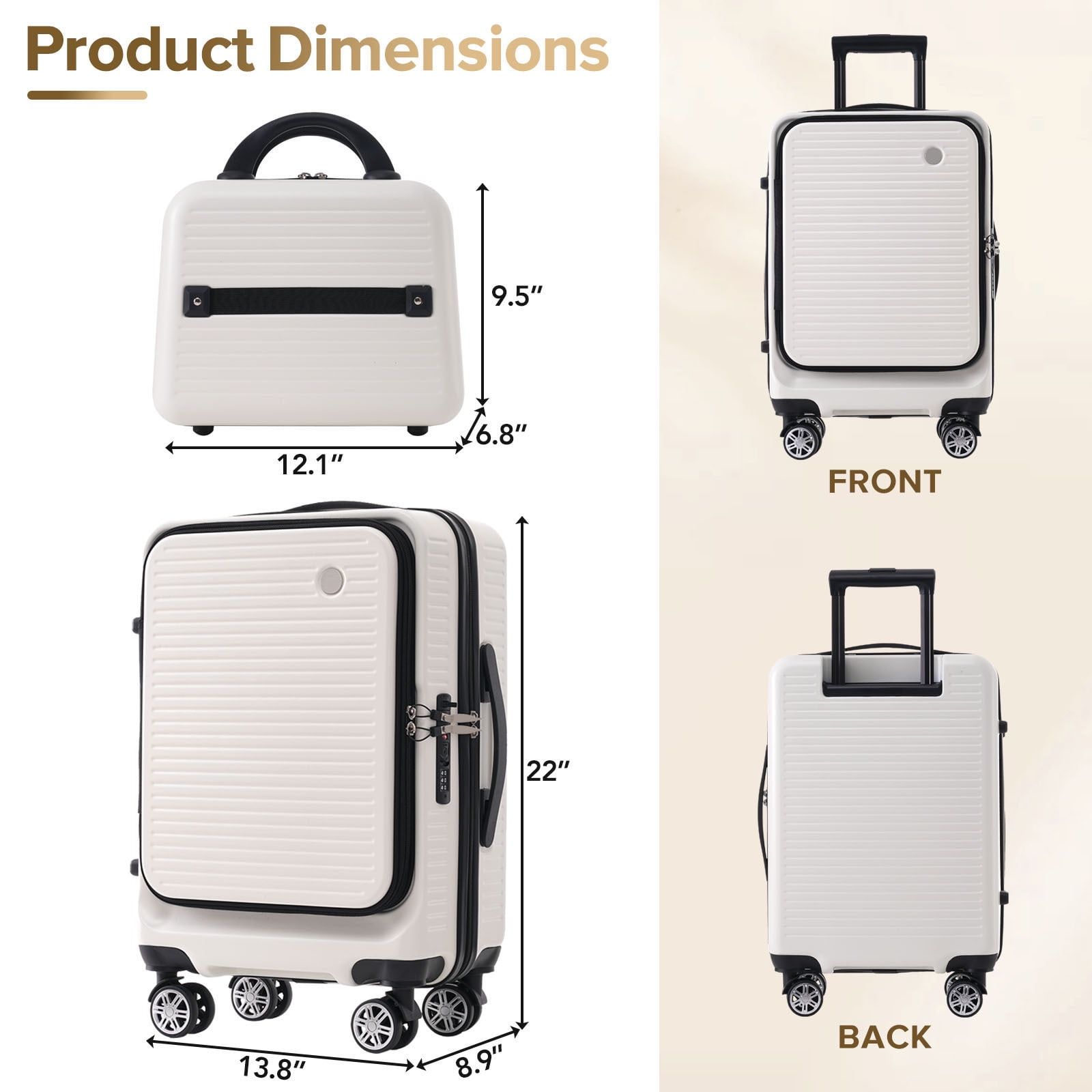 EUROCO 20" Carry On Luggage Airline Approved, Front Open Suitcase with 1 Portable Carrying Case and USB Port,White