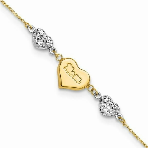 Primal Gold 14 Karat Two-Tone Puffed Mom Heart 7 Inch with 1-inch Extension Bracelet
