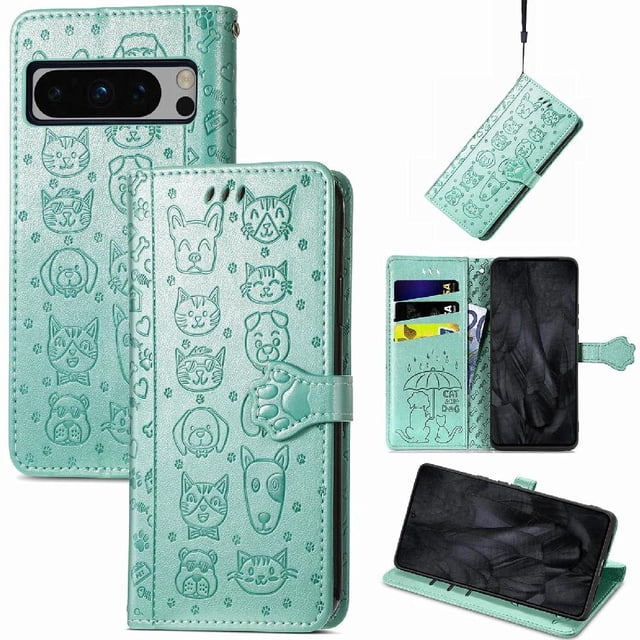 Funda Cartera FOXDOCK para Google Pixel 8 Pro , Flip PU con Relieve de Gatos y Perros, Tarjetero y Soporte