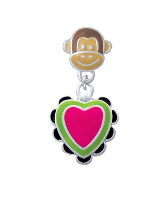 Hot Pink & Lime Green Heart with Black Ruffles - Monkey Face Charm Bead
