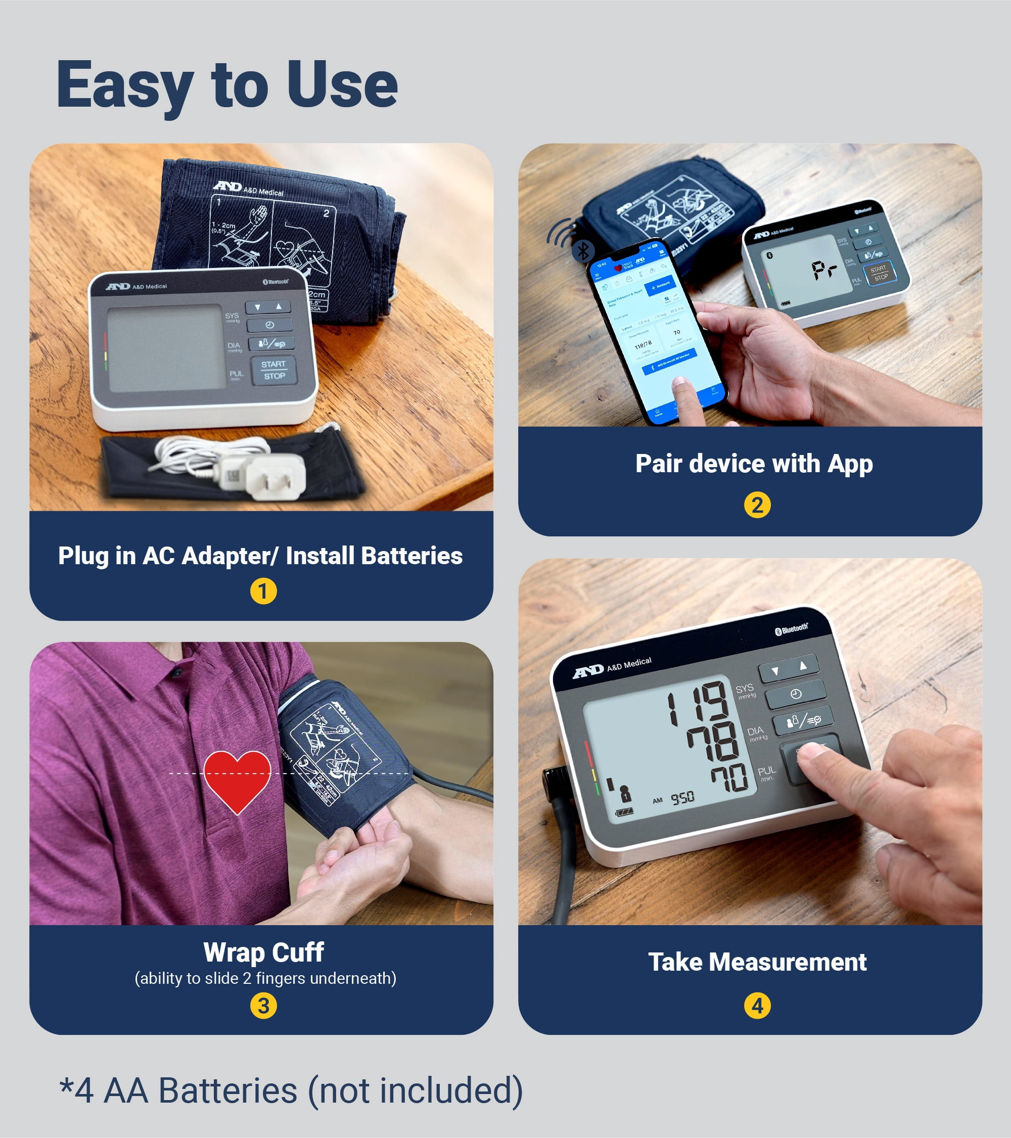 A&D Medical UA-810BLE Wide Cuff Heart Rate Detection Digital Upper Arm Blood Pressure Monitor with Bluetooth