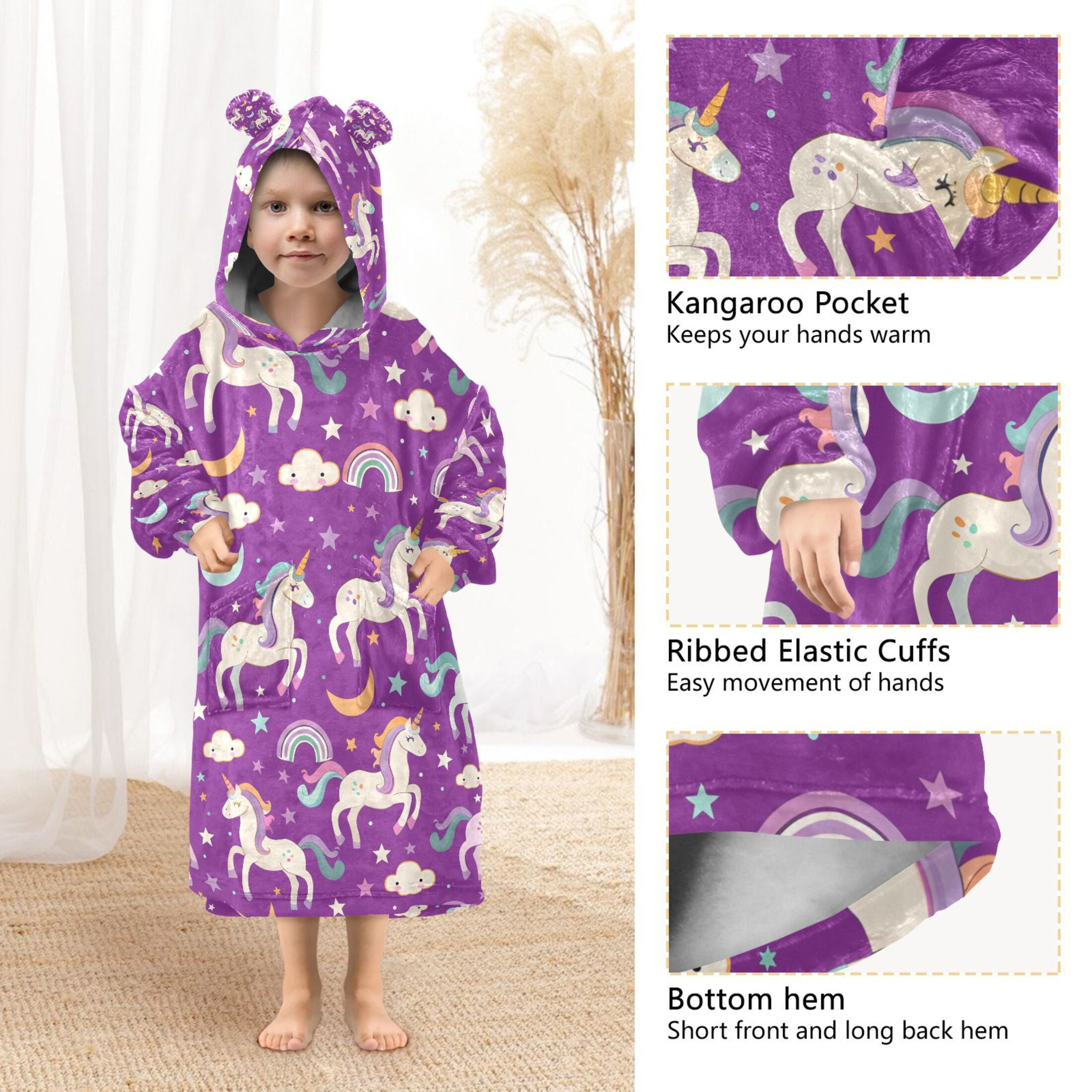 joogoo Wearable Blanket Hoodie Unicorn Rainbow Clouds for Flannel Sherpa Pocket 3-14 YR S