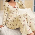 thumbnail image 2 of DHFJKG Womens Pajama Set Bow Print Lace Trim 2 Piece Sweet Loungewear Long Sleeve Slim Fit Cropped Top With Loose Fit Pants Sleepwear Cozy Home Clothes, 2 of 4