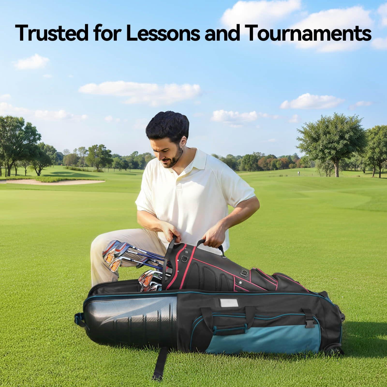 Golf Travel Bag For Airlines With Carbon Fiber Hard Top  Protective Club Traveling Cover Wheel Carrier Case Airplanes Thick Padding Durable Zippers And 2 Sided Spacious Pockets