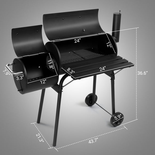 Charcoal Grill & Offset Smoker Combo - 43.7" Heavy-Duty All-Metal with Side Table, Wheels & Thermometer - Backyard, Patio BBQ Smoker