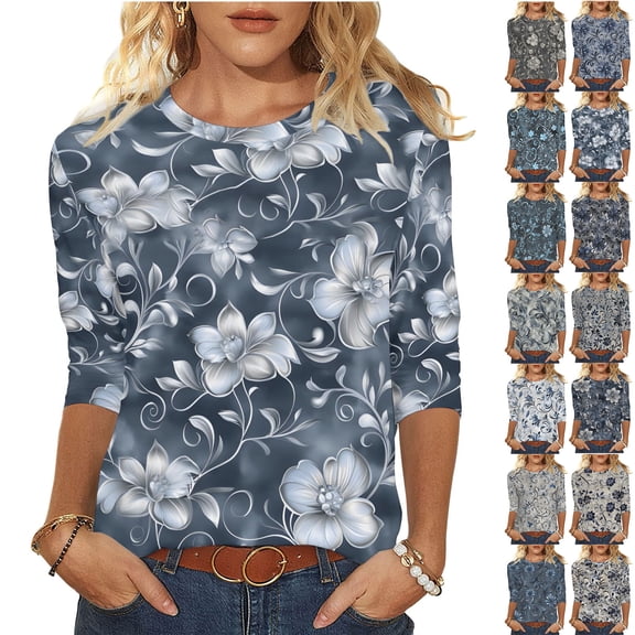 VBVC Women's 3/4 Sleeve Vintage Floral Tops,Ladies Lightweight Boho Pullover,Workout T-Shirts for Women,Multicolor,Size M