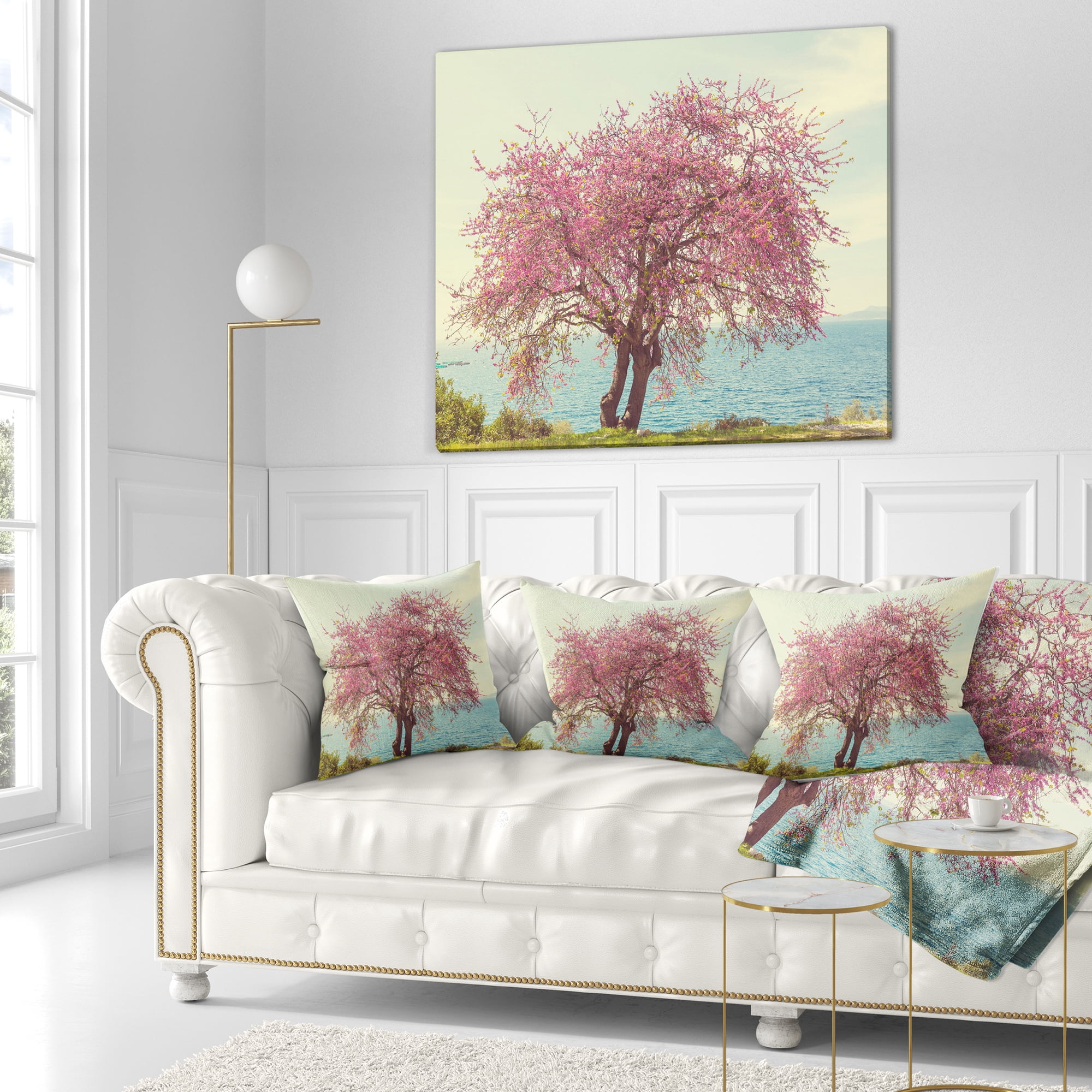 Designart Pink Flowers on Lonely Tree - Landscape Printed Throw Pillow - 18x18