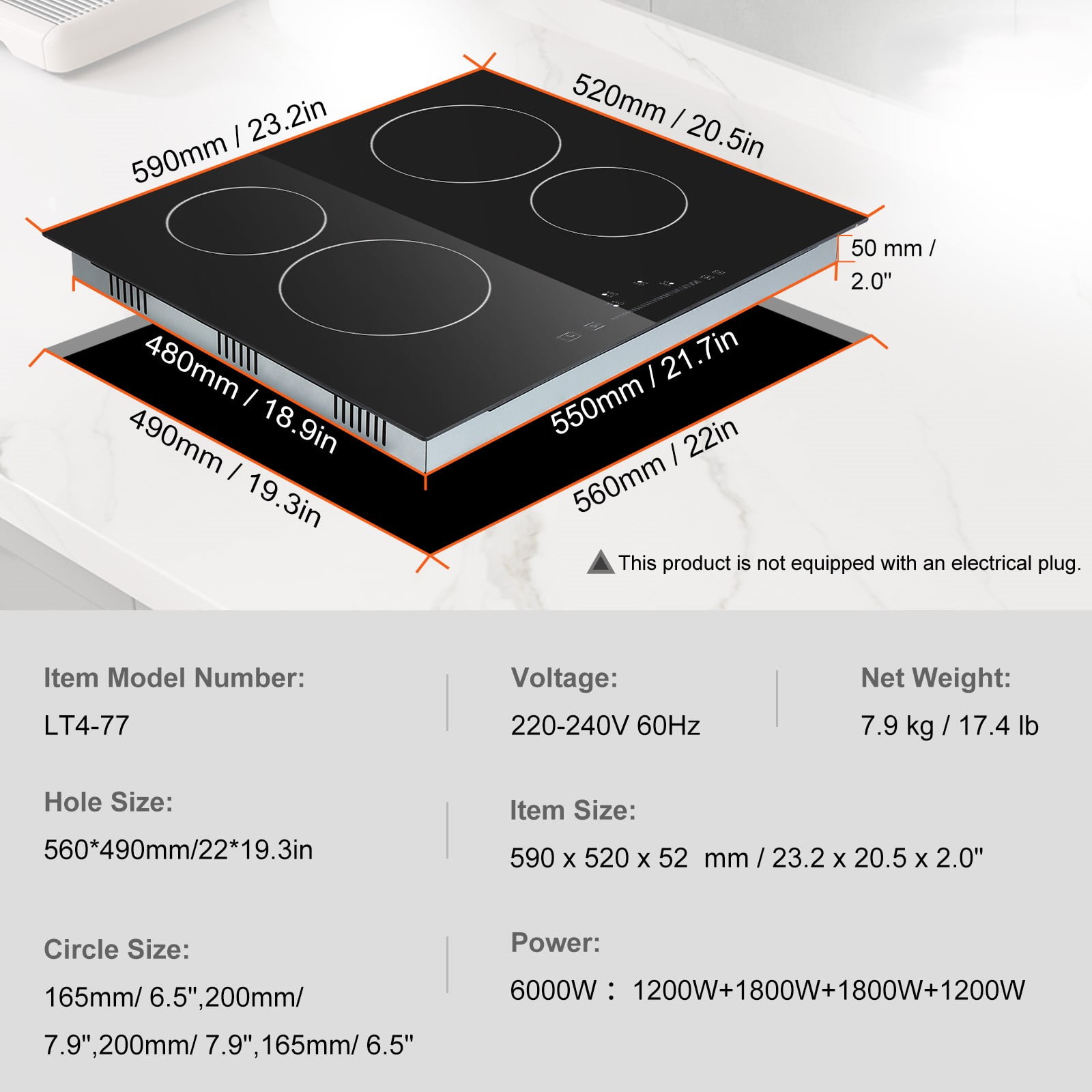 KFFKFF Sleek Electric Stove Top, Size: 23.2x20.5", Includes 4 Burners, 220-240V 60Hz, Ceramic Top with Touch Control, Built-in Timer & Child Lock, 9 Heat Levels for Diverse Cooking Requirements