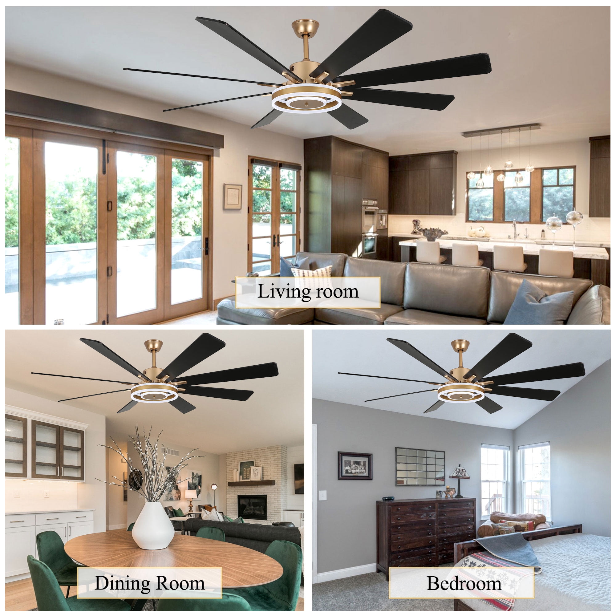 Chords Attic 72" Reversible 8-Blade Ceiling Fan with LED Lights, Remote 3-Color, 6-Speed and Timer
