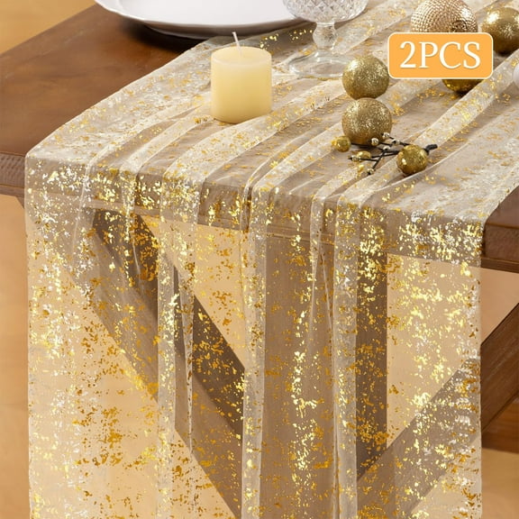 2 Pcs 10ft Gold Table Runners, 27.5" W x 120" L, Sheer Chiffon Tulle Runner with Glitter Foil, Party Decor for Wedding Banquet Birthday Christmas