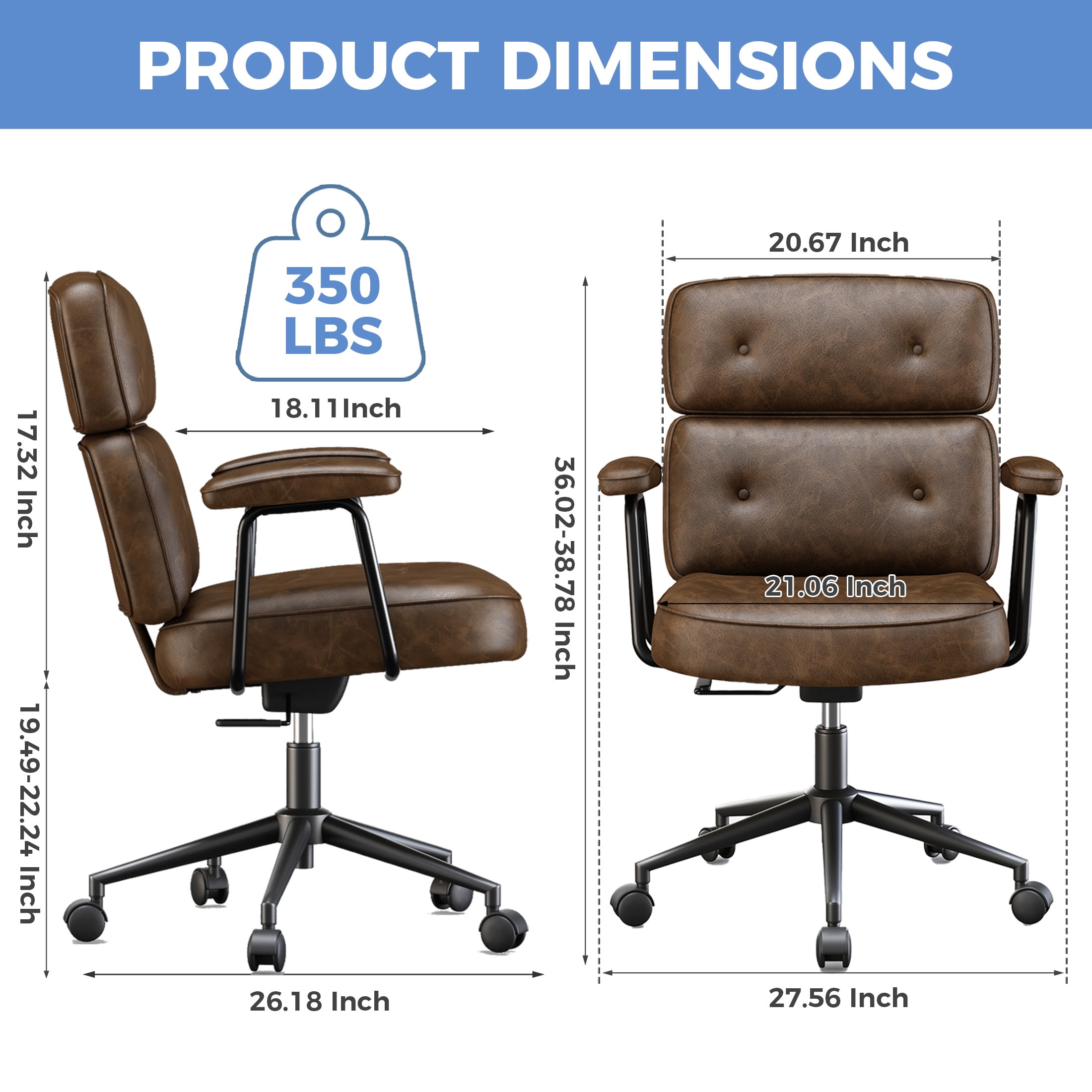 CONCETTA Ergonomic Office Chair, Soft PU Leather Adjustable Task Chair with Lumbar Support and 360° Swivel, Brown