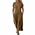 thumbnail image 3 of V Neck Short Sleeve Maxi Dress Casual Loose Fit Flowy Long Dress Sundress with Pockets for Summer Beach Vacation, 3 of 8