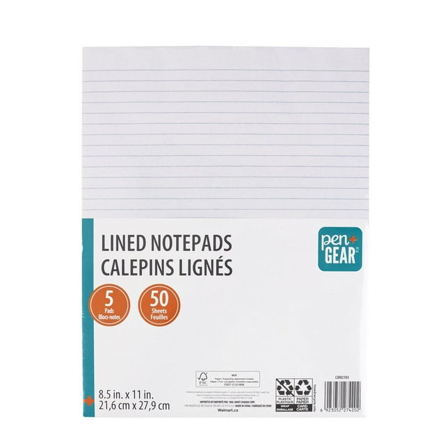 Bloc-notes PEN+GEAR, 5 unités, format lettre, ligné, blanc