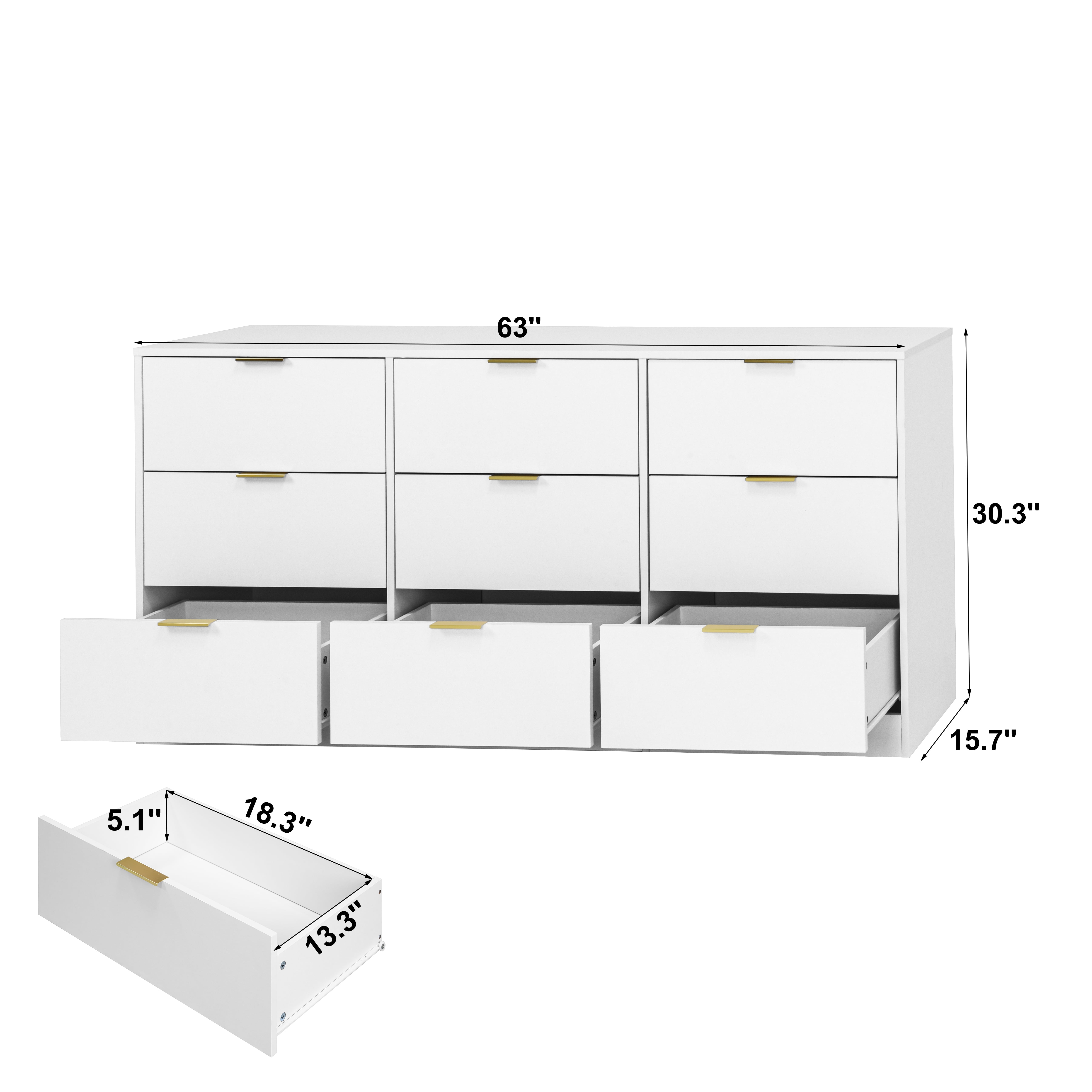 Mintazer 9 Drawers Dresser, 63" Large Deep Storage Chest of Drawers with Gold Metal Handles for Entryway Bedroom Living Room Hallway, White