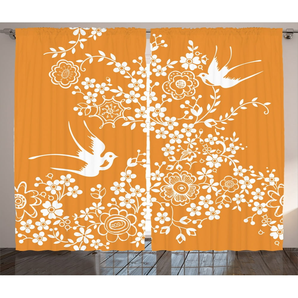 Japanese Decor Curtains 2 Panels Set, Oriental Floral Japanese Birds