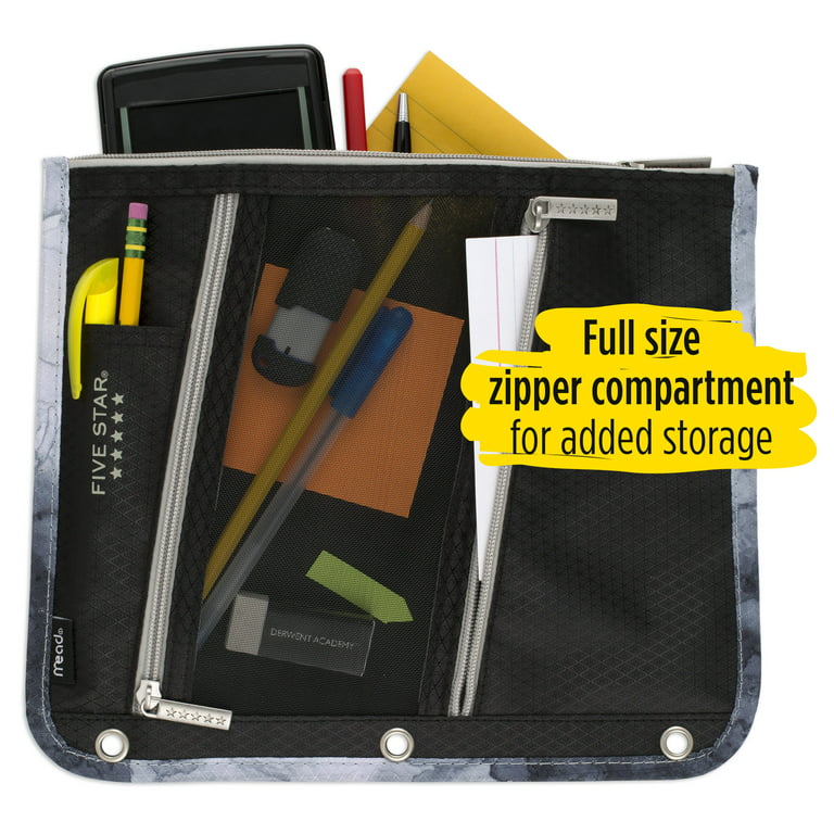 2 Five Star 3 Compartment Zipper Pencil Pouch Case 3 Ring Black/Grey