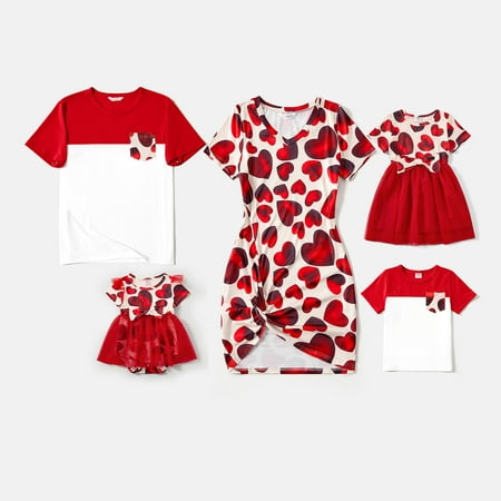 

PatPat Easter Family Matching Allover Red Heart Print Twist Knot Bodycon Dresses and Short-sleeve Colorblock T-shirts