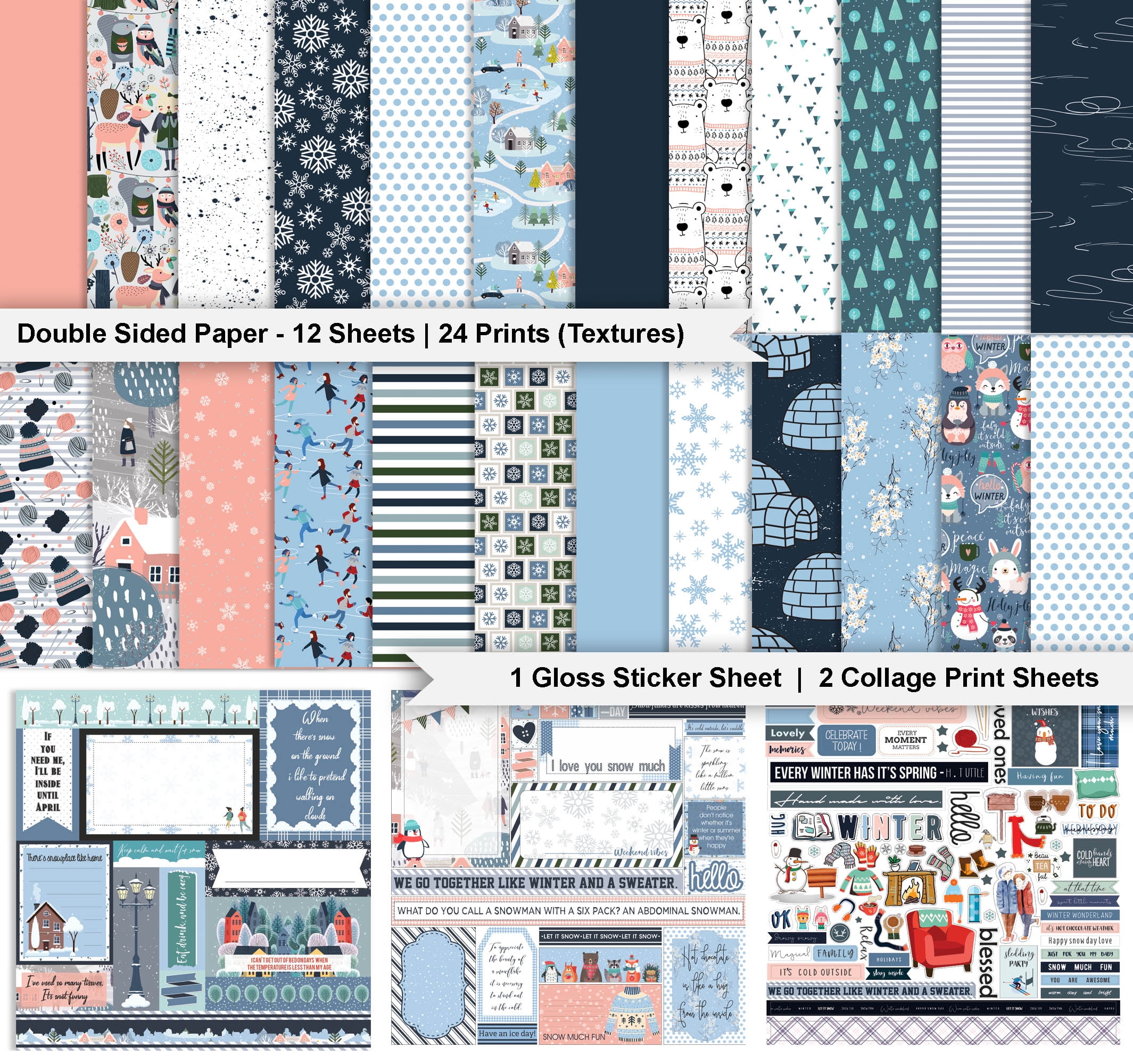Inkdotpot Winter Theme Collection Double-Sided Scrapbook Paper Kit Cardstock 12"x12" Card Making Paper Pack With Sticker Sheet - 16 Pages - Blue