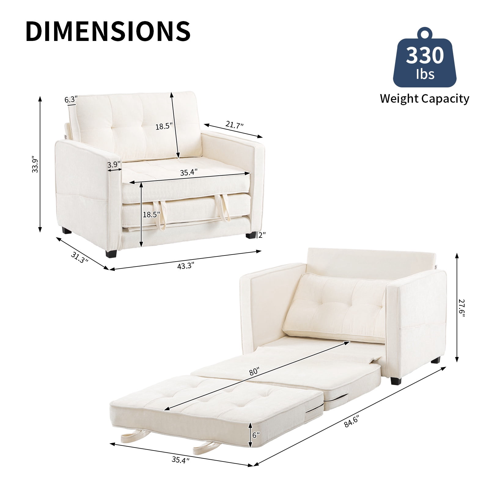 Capri 38.97”W Oversized Single Sofa Chair with Backrest, Multifunctional Sleeper Chair, Convertible Sofa Bed, Chenille Modern Accent Chair, Reading Armchair for Living Room Bedroom Study, White
