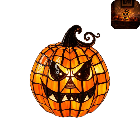 Halloween Pumpkin Lamp, Tiffany Vintage Stained Glass Pumpkin Decor Light, Portable Jack-o-Lantern Lamp for Family Gathering Fall Holiday Indoor Table Ornaments S C-1PC