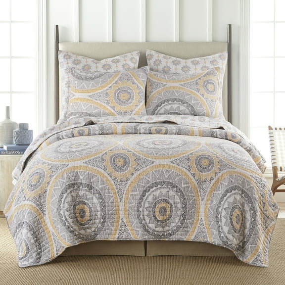 Levtex Home - Luiza Ochre Quilt Set - Full/Queen Quilt Two Standard Pillow Shams - Medallions in Grey and Yellow - Quilt Size (88x92in.) and Pillow Sham Size (26x20in.) - Reversible - Cotton Fabric