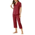thumbnail image 4 of INSPIRE CHIC Women's Mother's Day Satin Pajamas Sets Short Sleeve Button Tops with Capri Pants 2 Pcs Loungewear XS Wine Red, 4 of 6