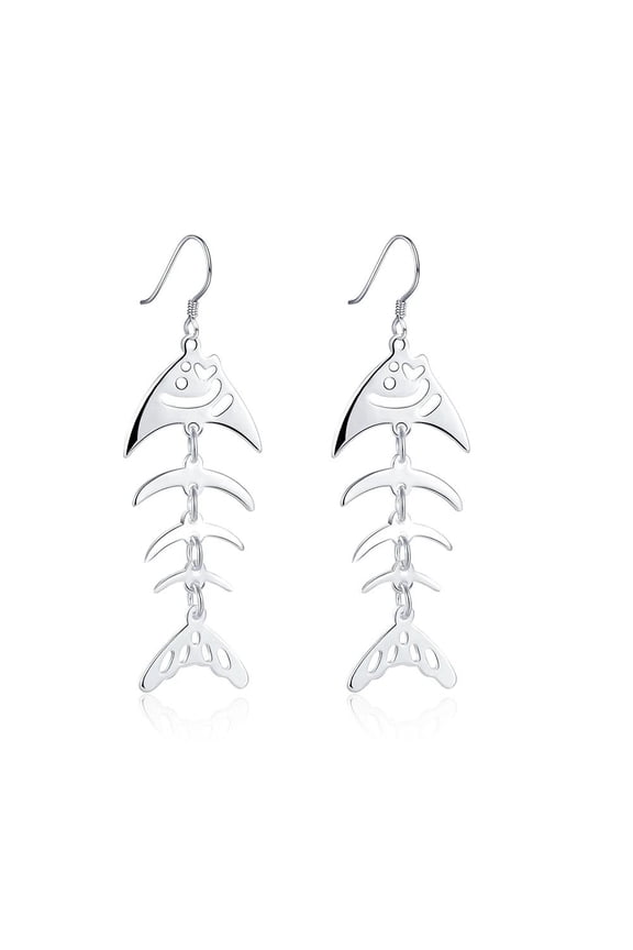 Sterling Silver Plated Earrings Drop Dangle Fish Hook Fish Bones .68" L383