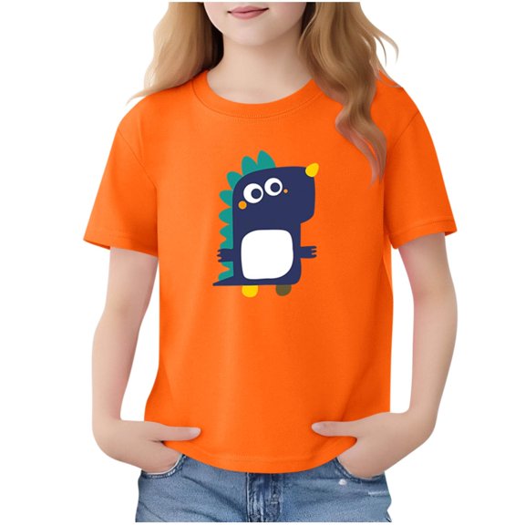 IVEYRTF Girls Cartoon Penguin Print Short Sleeve T-Shirt Round Neck Pullover Top for Everyday Play Fun Wear Comfort Fit Penguin T-Shirt(Orange#2,5-6 Years)
