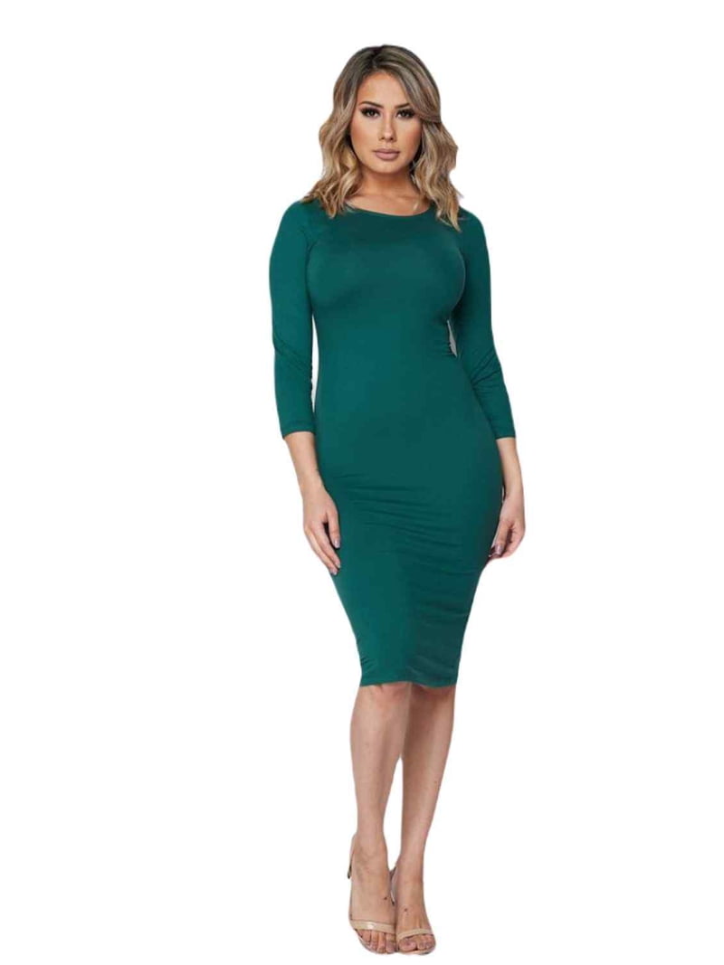 Lady's Crew Neck 3/4 Sleeve Midi Bodycon Dress, Hunter Green, L