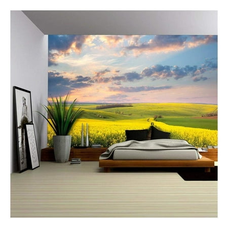 wall26 - Yellow flowering fields, ground road and beautiful valley, nature spring landscape - Removable Wall Mural | Self-adhesive Large Wallpaper - 66x96