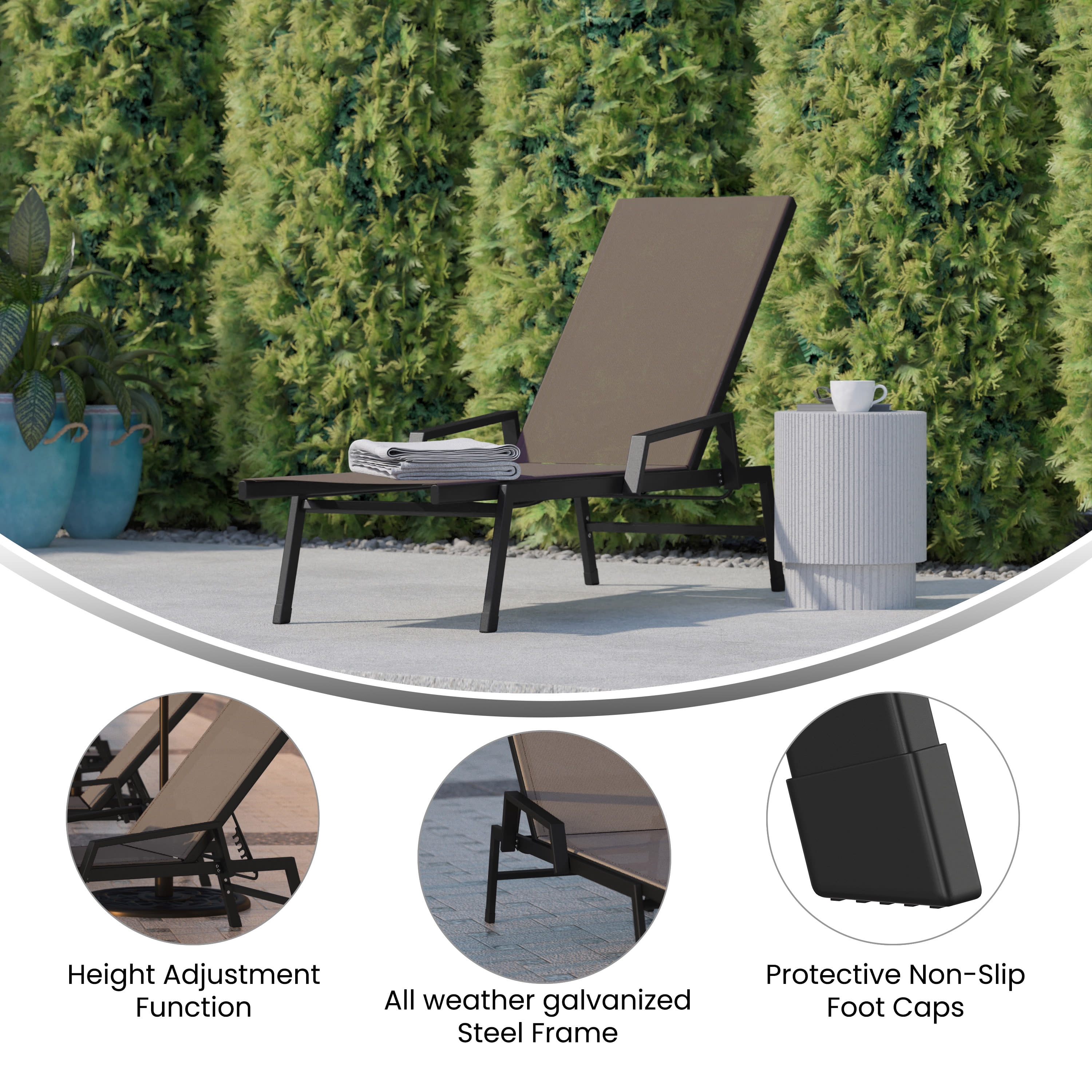 Flash Furniture Brazos Adjustable Chaise Lounge Chair with Arms, All-Weather Outdoor Five-Position Recliner, Black/Brown