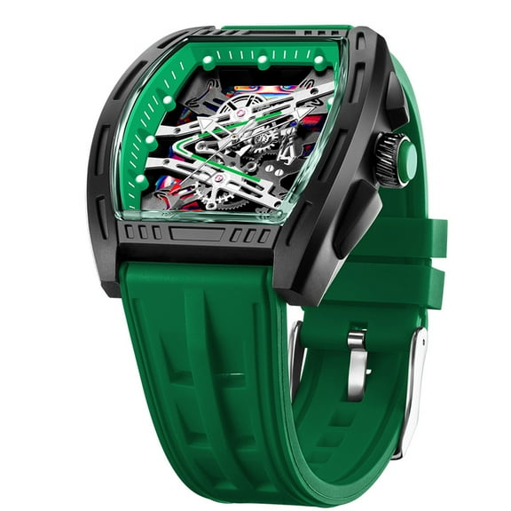 Mens Luxury Tonneau Fashion Hallow Punk Graffiti Art Dial Hip-hop Unique Sports Wrist Watch Japanese Movement Luminous Design with Silicone Band