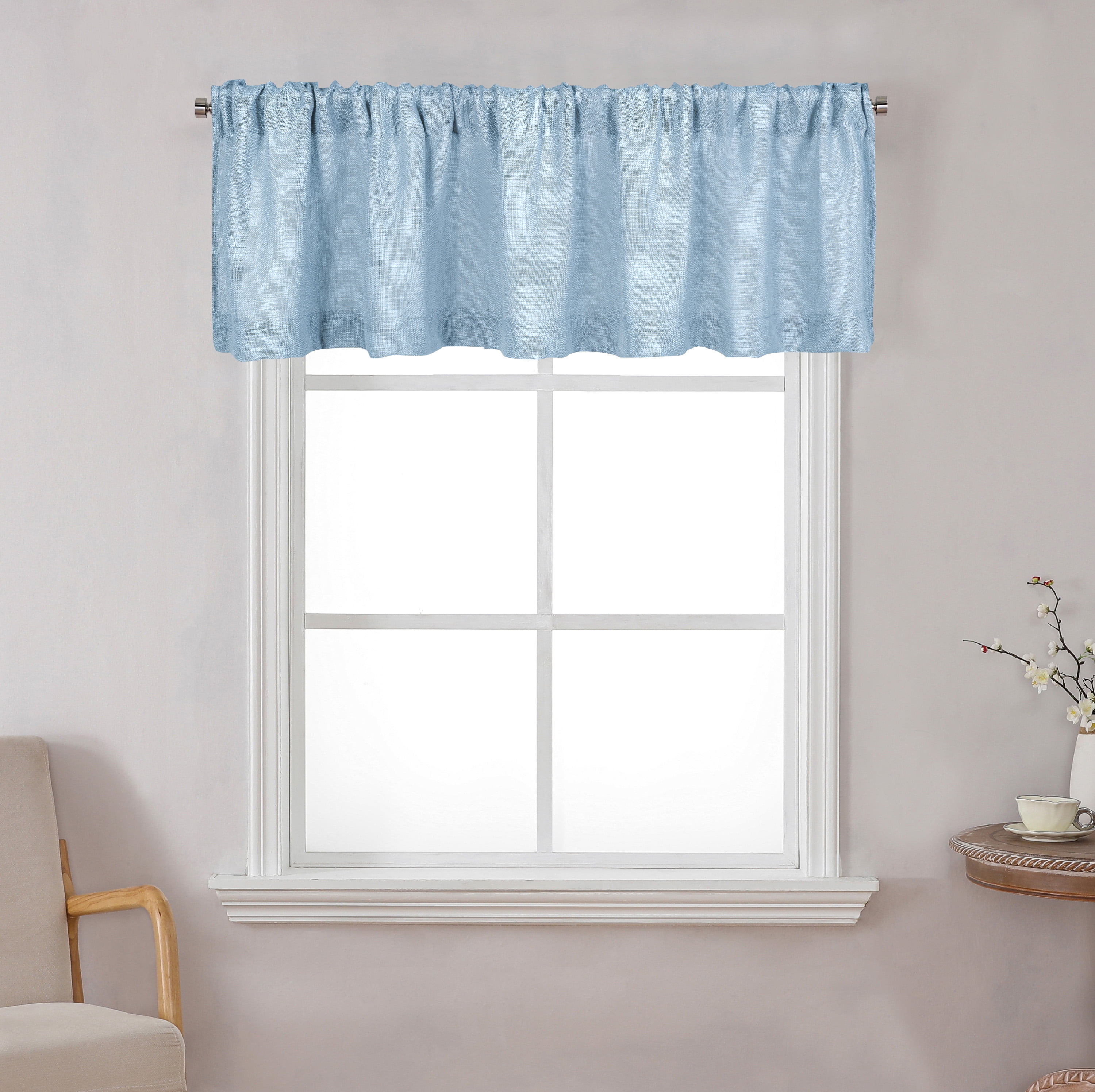 Better Homes & Gardens Linen Blend Light Filtering Rod Pocket Kitchen Curtain Tier and Valance Set, 3-Piece, Blue Water, 60 in x 36 in