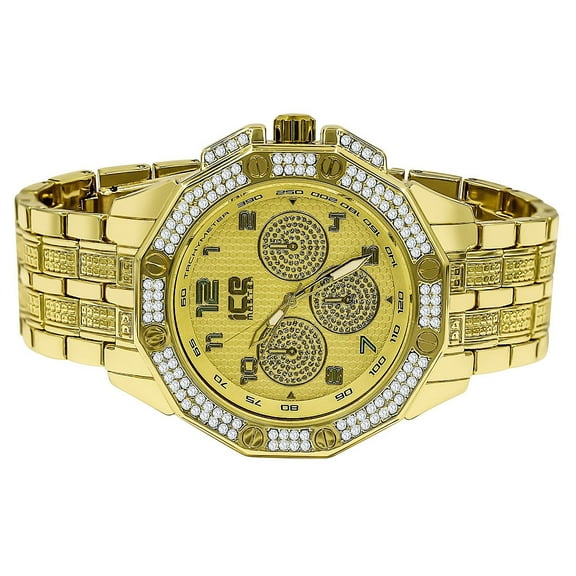 14K Yellow Gold Finish Simulated Diamonds Iced Out Stainless Steel Back Mens Ice Master Jo Rodeo Bling Metal Band Watch