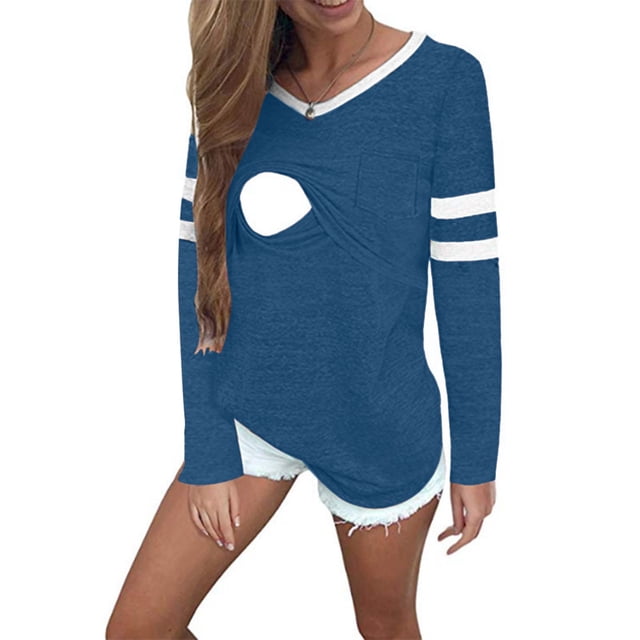 EGNMCR Blouses et Chemises à Manches Longues à Col Rond Femmes Rayé Manches Longues Uni Chandail d'Allaitement Hauts Blouse Blouse pour Femmes Enceintes