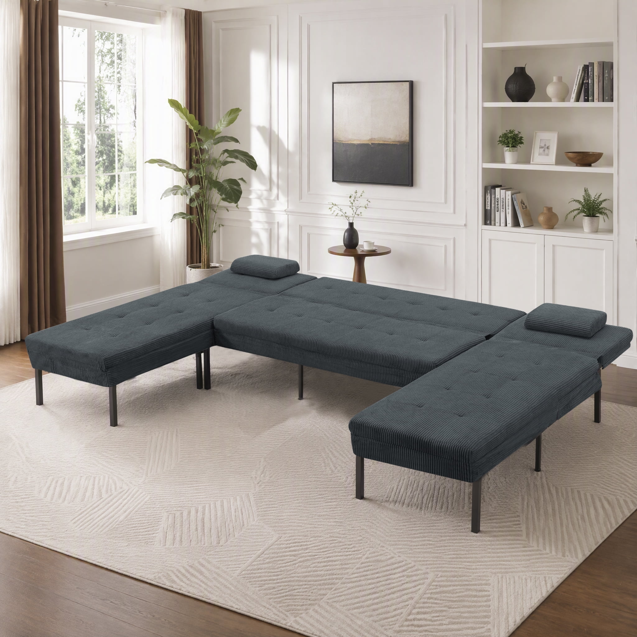 Gewnee 117.13”U-Shaped Sectional Sofa,Corduroy Couch,4 Seat Lounge Sleeper Sofa with Double Chaises for Living Room.Dark Grey