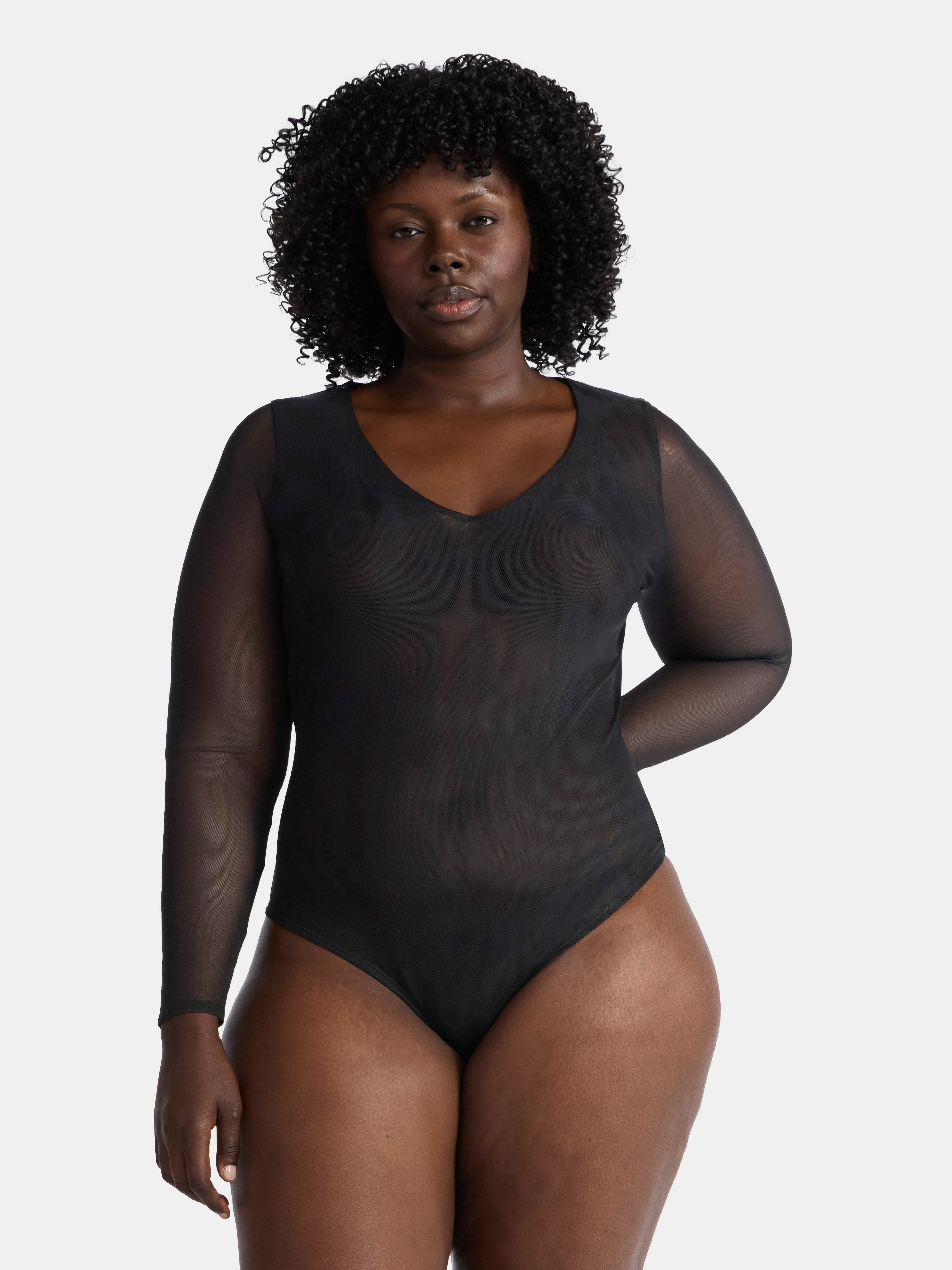 Terra & Sky Women's Plus V Neck Mesh Bodysuit with Long Sleeves, Sizes 0X-5X