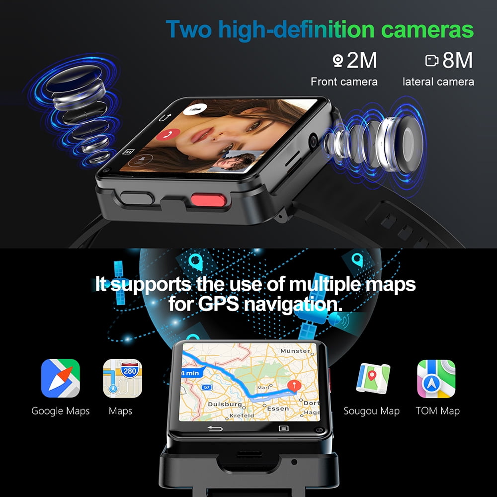 Rainbuvvy 4G Android Smart Watch 2.64 inch Single SIM card MTK6761 4GB 64GB GPS Bluetooth 5.0 Built-in Android 11.0 WIFi with dual camera 2MP/8MP Compass function 1200mAh type-c sports watch