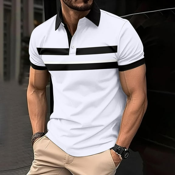 CLOISE Men Shirts Casual Short Sleeve Big and Tall Tops Button Collared Pullover Color Block Summer Blouses White
