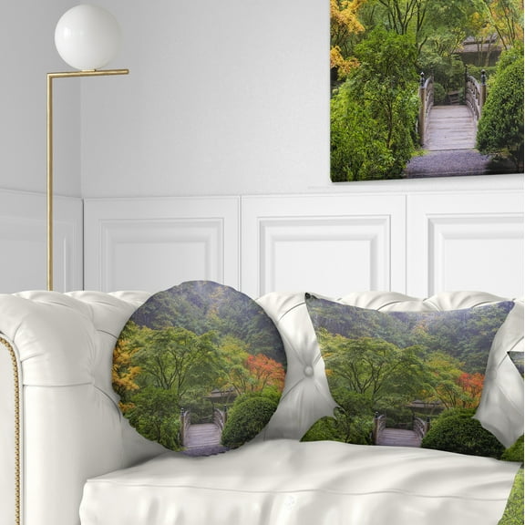 Designart Foggy Dawn in Japanese Garden - Landscape Photography Throw Pillow - 12x20