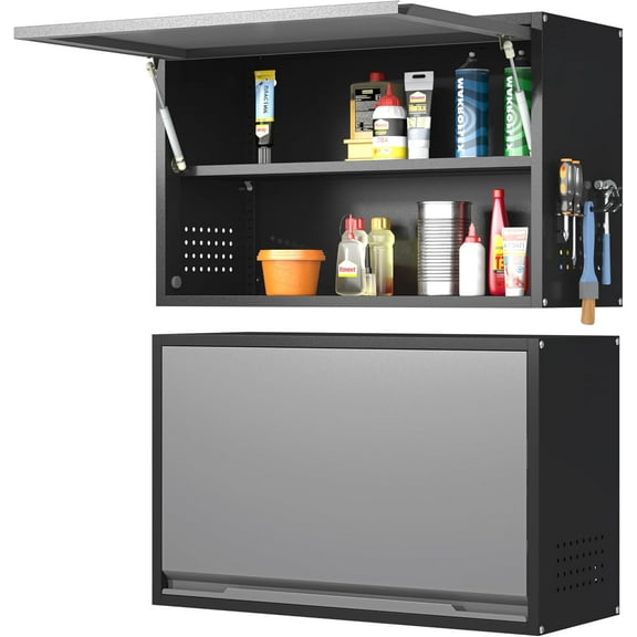 Metal Wall Cabinet, Garage Wall Cabinet with Up-Flip Door, 19.7" H Wall Mounted Metal Storage Cabinet for Kitchen,Garage,Basement,Ware House Assembly Required (Black Gray 31.5" W)