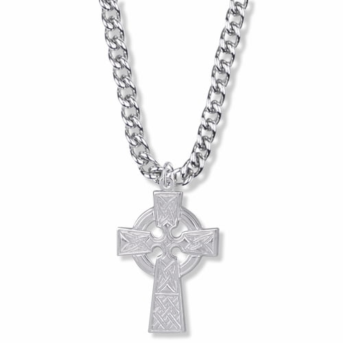 Singer Men's 1-3/8 Inch Sterling Silver Large Celtic Cross Necklace with Stainless Steel Rhodium Plated 24" Chain, Style Celtic, Cross