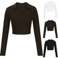 thumbnail image 5 of Lovskoo Long Sleeve Shirts for Women Crop Tops Winter Fall Tight Cotton Ribbed Deep V Lapel Collar Crop Ribbed T-Shirt Slim Fit Soft Baselayer Undershirts Tops Coffee S, 5 of 5